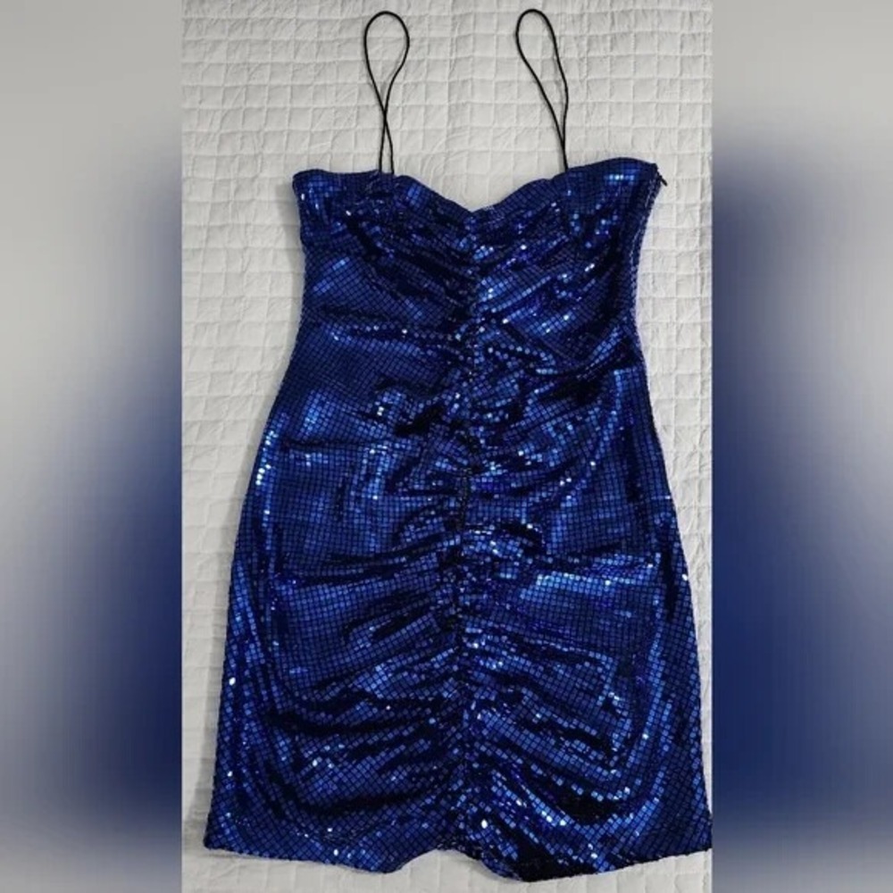 Zara Ink Blue Spaghetti Strap Sequin Ruched Disco Mini Dress  9420/701 Size L